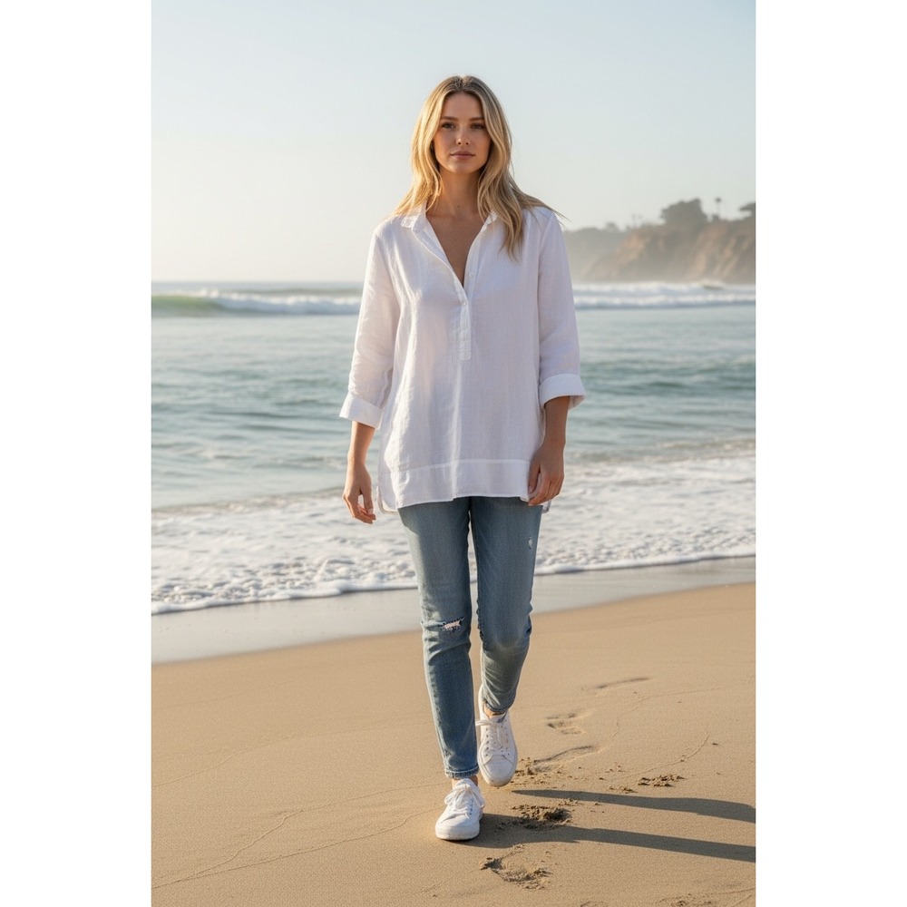 Grace Elements Tunic Women XL White‎ 100% Linen Pockets Coastal Boho